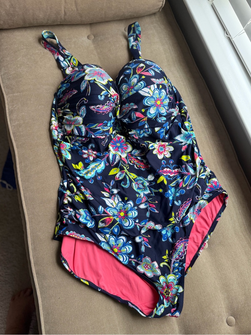Anne Cole Women’s Plus Floral One-Piece Swimsuit in Navy with Pink Lining